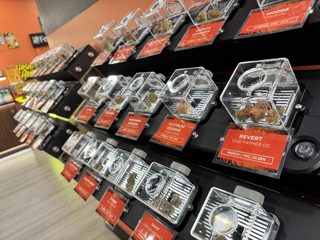Cannabis flower display wall dispensary New York