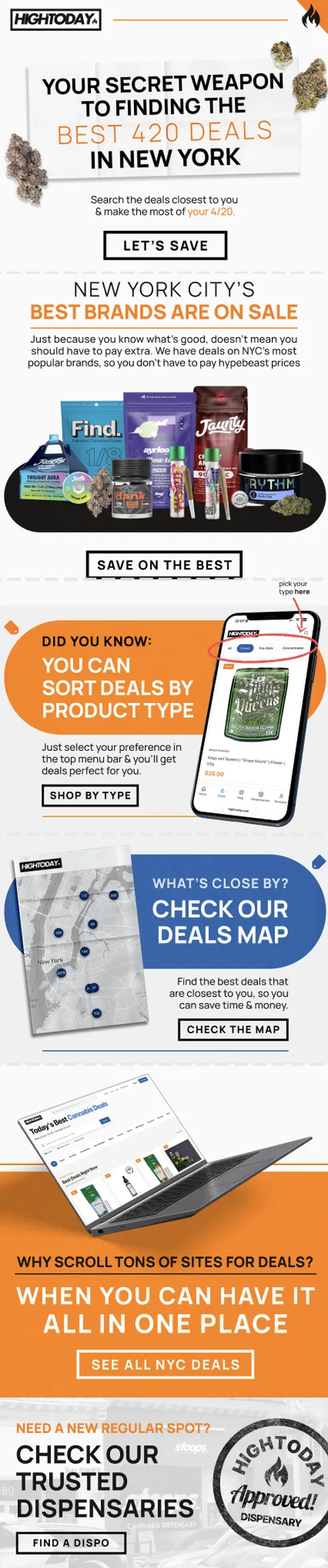 HighToday NYC deals aggregator — orange and white with deals map and product sorting